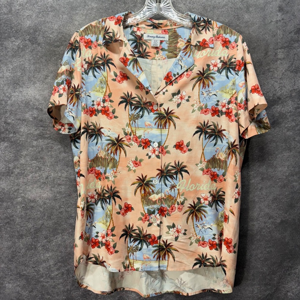 Tommy Bahama Greetings From Florida Pink Silk Hawaiian Camp Shirt Sz S Flamingo